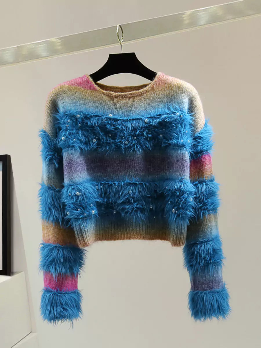 Cropped Tie-Dye Mohair Sweater with Beading