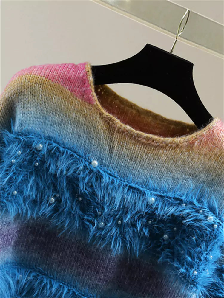 Cropped Tie-Dye Mohair Sweater with Beading