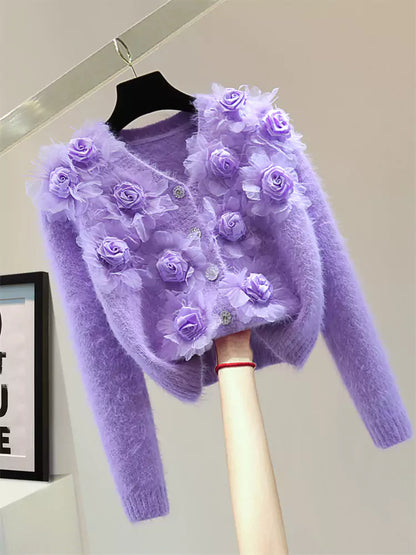 Suéter de mohair con cuello en V corto y diseño floral adornado