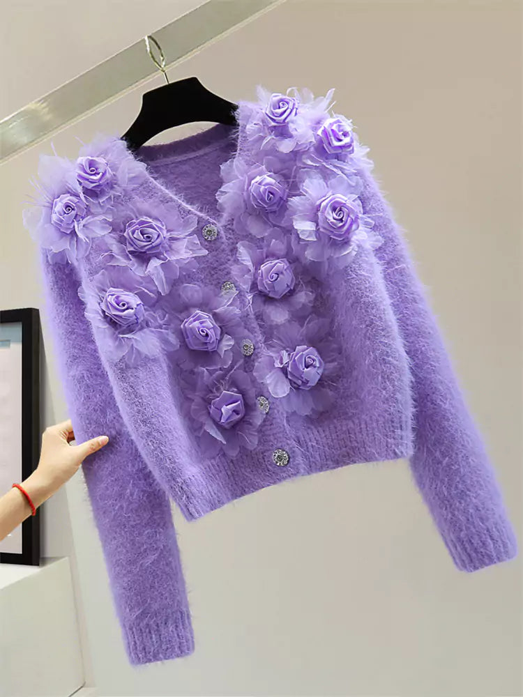 Cropped V-neck Mohair Sweater with Embellished Floral Design