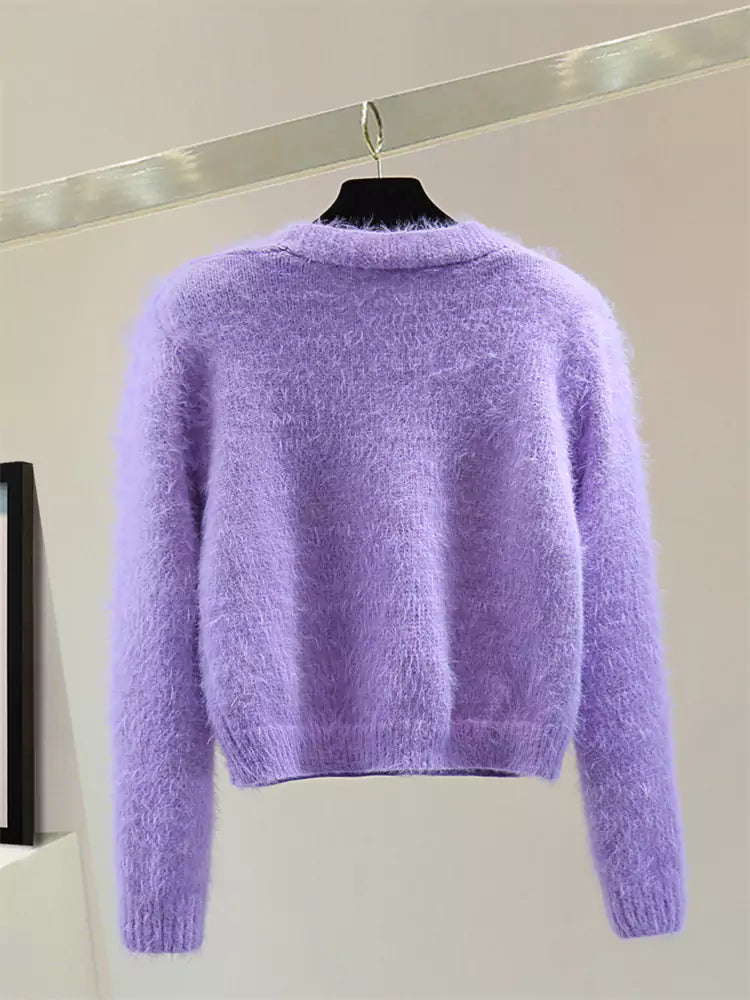 Cropped V-neck Mohair Sweater with Embellished Floral Design