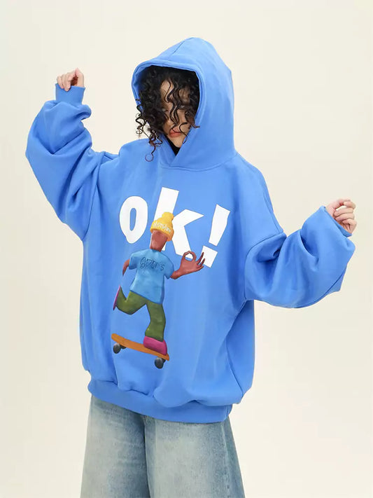 Cute Cartoon Print College Style Loose Fit Hoodie