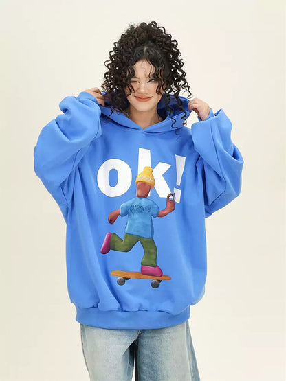 Cute Cartoon Print College Style Loose Fit Hoodie