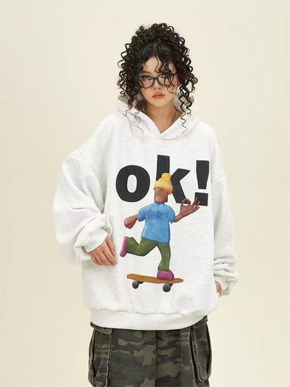 Cute Cartoon Print College Style Loose Fit Hoodie
