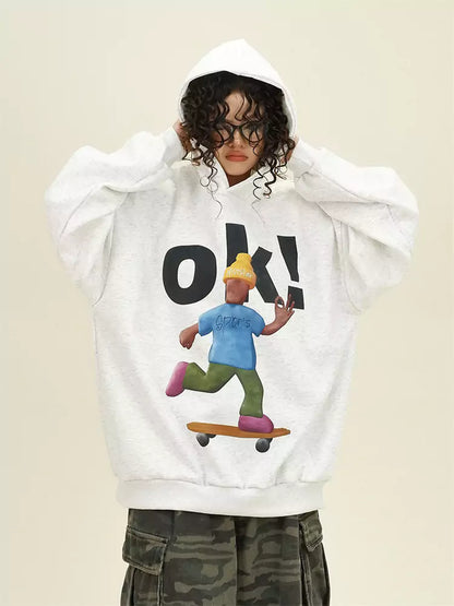 Cute Cartoon Print College Style Loose Fit Hoodie
