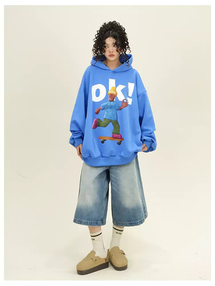 Niedlicher Hoodie im College-Stil mit Cartoon-Print und lockerer Passform