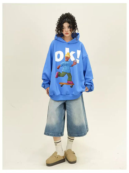 Cute Cartoon Print College Style Loose Fit Hoodie