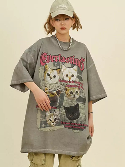 Niedliches Katzen-T-Shirt im Vintage-Look, Oversize-Schnitt, Kurzarm