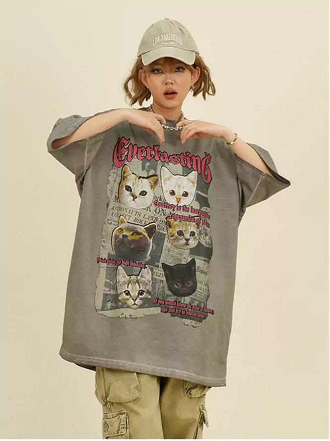 Niedliches Katzen-T-Shirt im Vintage-Look, Oversize-Schnitt, Kurzarm