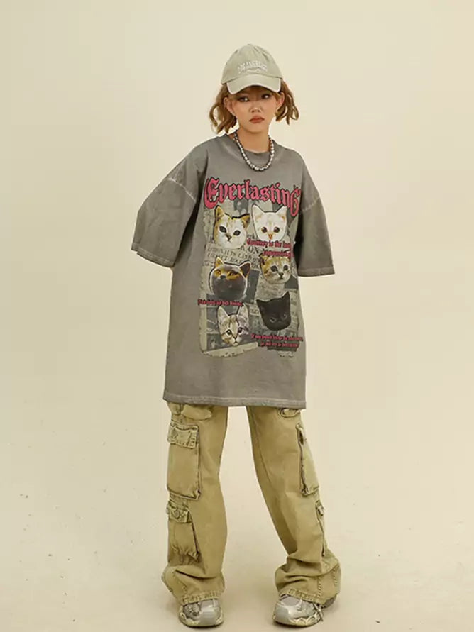Niedliches Katzen-T-Shirt im Vintage-Look, Oversize-Schnitt, Kurzarm