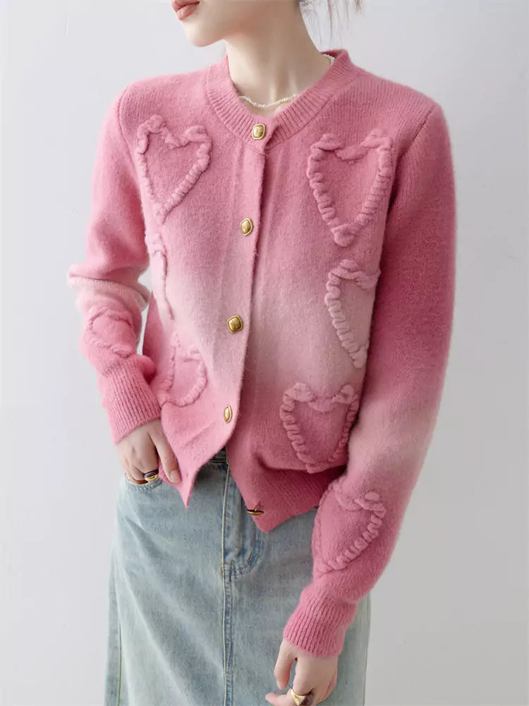 Cute Heart Magenta Crewneck Knit Cardigan