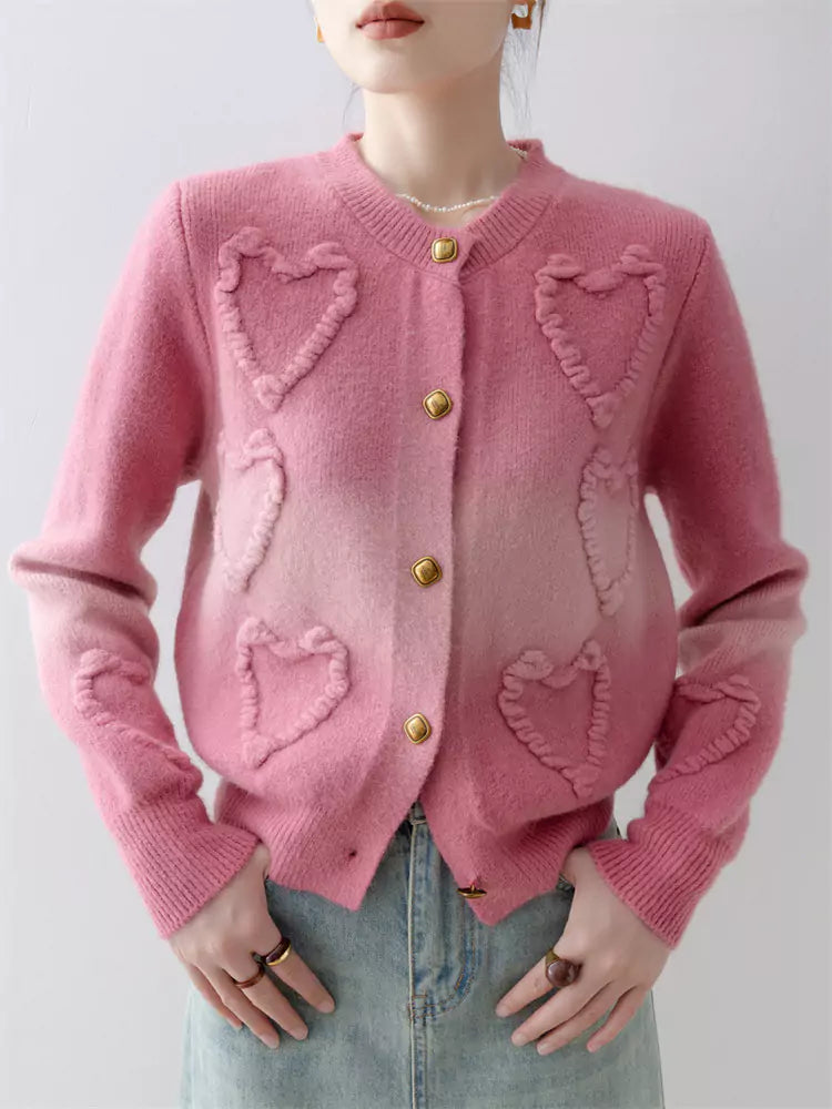 Cute Heart Magenta Crewneck Knit Cardigan