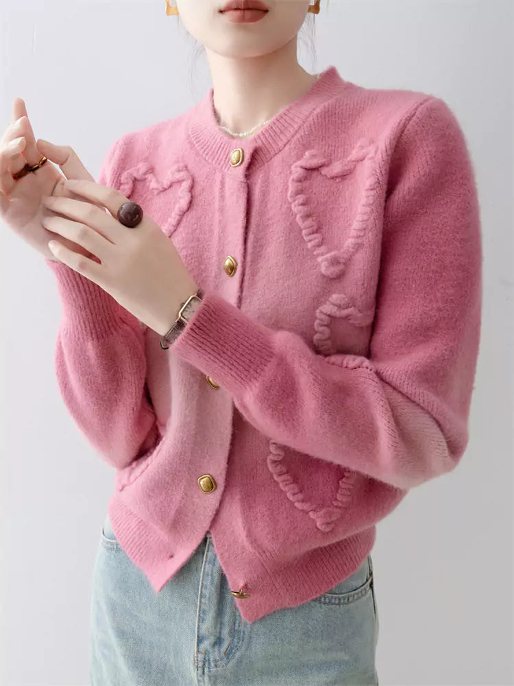 Cute Heart Magenta Crewneck Knit Cardigan