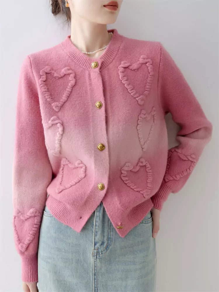 Cute Heart Magenta Crewneck Knit Cardigan