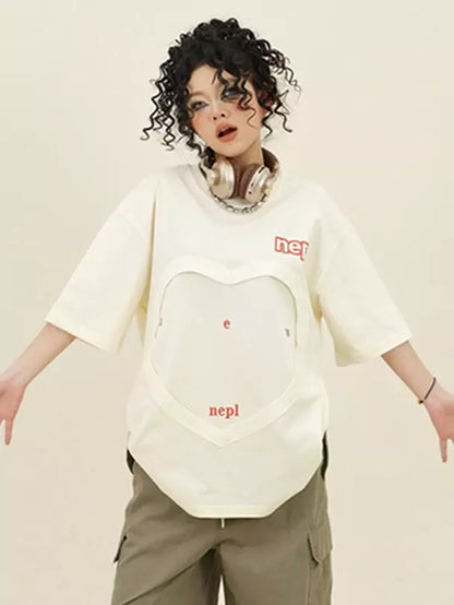 Niedliches Kurzarm-T-Shirt mit Herz-Patchwork-Design