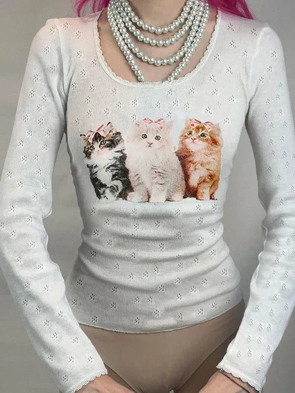 Cute Kitten Print Lace Trim Jacquard Long Sleeve Tee