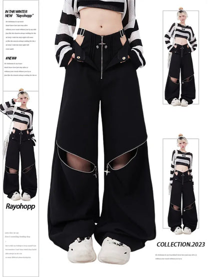 Cutout Low Waist Zipper Wide Leg Cargo Pants