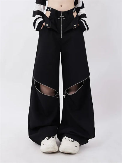 Cutout Low Waist Zipper Wide Leg Cargo Pants