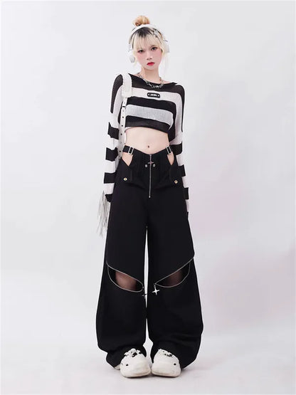 Cutout Low Waist Zipper Wide Leg Cargo Pants