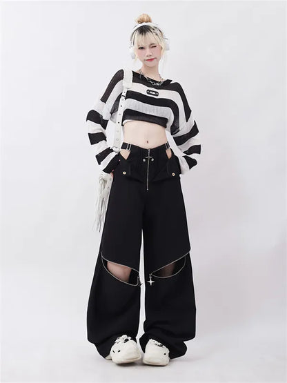 Cutout Low Waist Zipper Wide Leg Cargo Pants