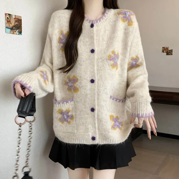 Gray Floral Embroidered Knit Cardigan Sweater