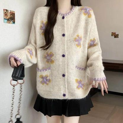 Gray Floral Embroidered Knit Cardigan Sweater