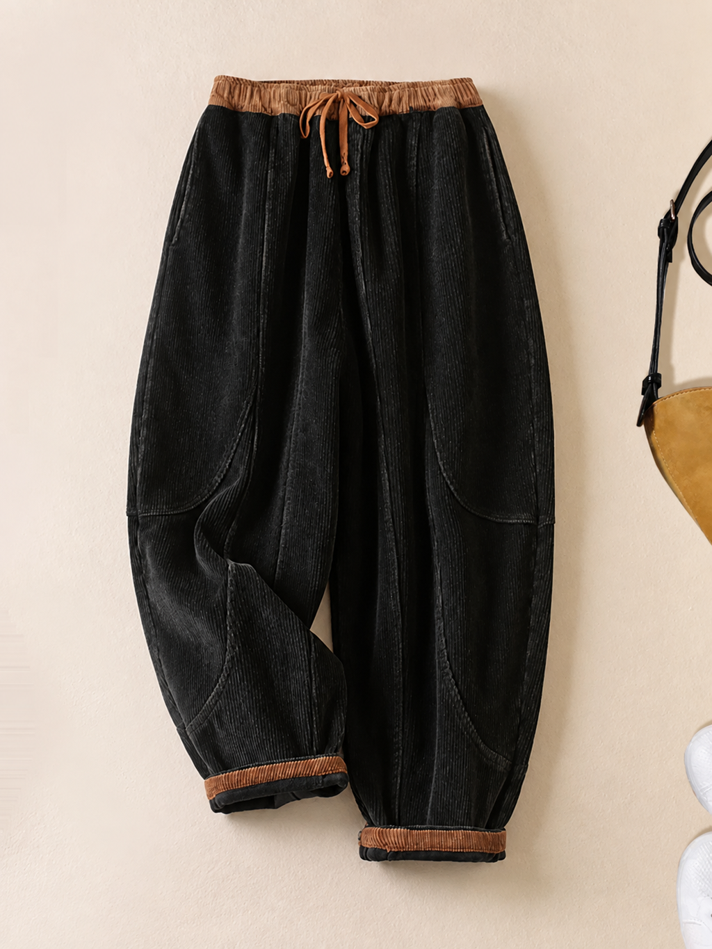 Retro Corduroy Balloon-Leg Pants Fleece-Lined Drawstring Waist