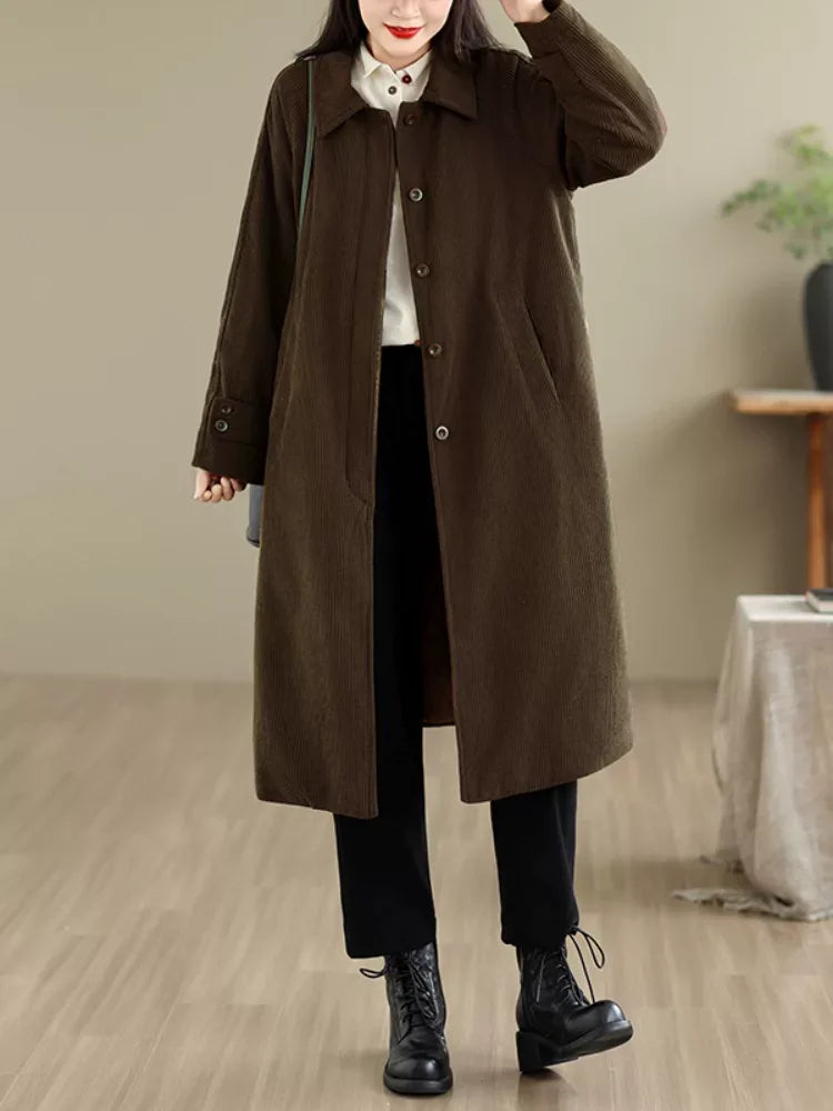 Dark Brown Corduroy Quilted Lining Padded Coat