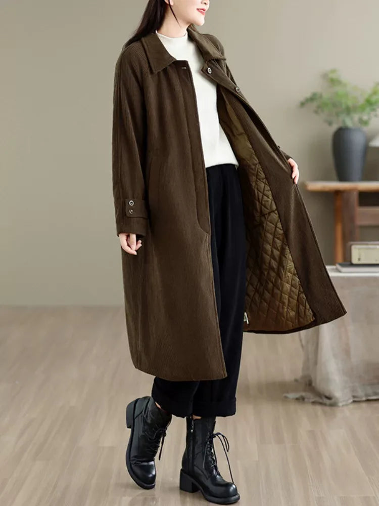 Dark Brown Corduroy Quilted Lining Padded Coat