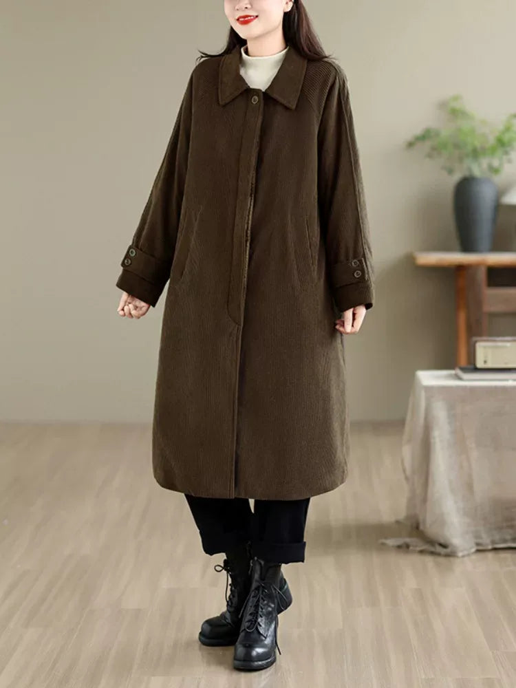 Dark Brown Corduroy Quilted Lining Padded Coat