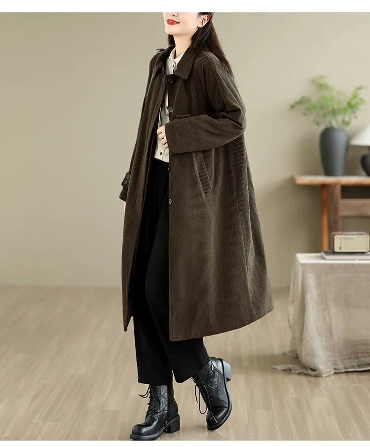 Dark Brown Corduroy Quilted Lining Padded Coat