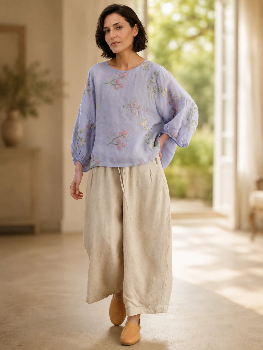 100% Ramie Top with Floral Embroidery & Lantern Sleeves