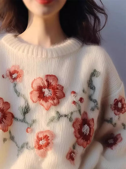 Delicate Floral Embroidery Knit Sweater