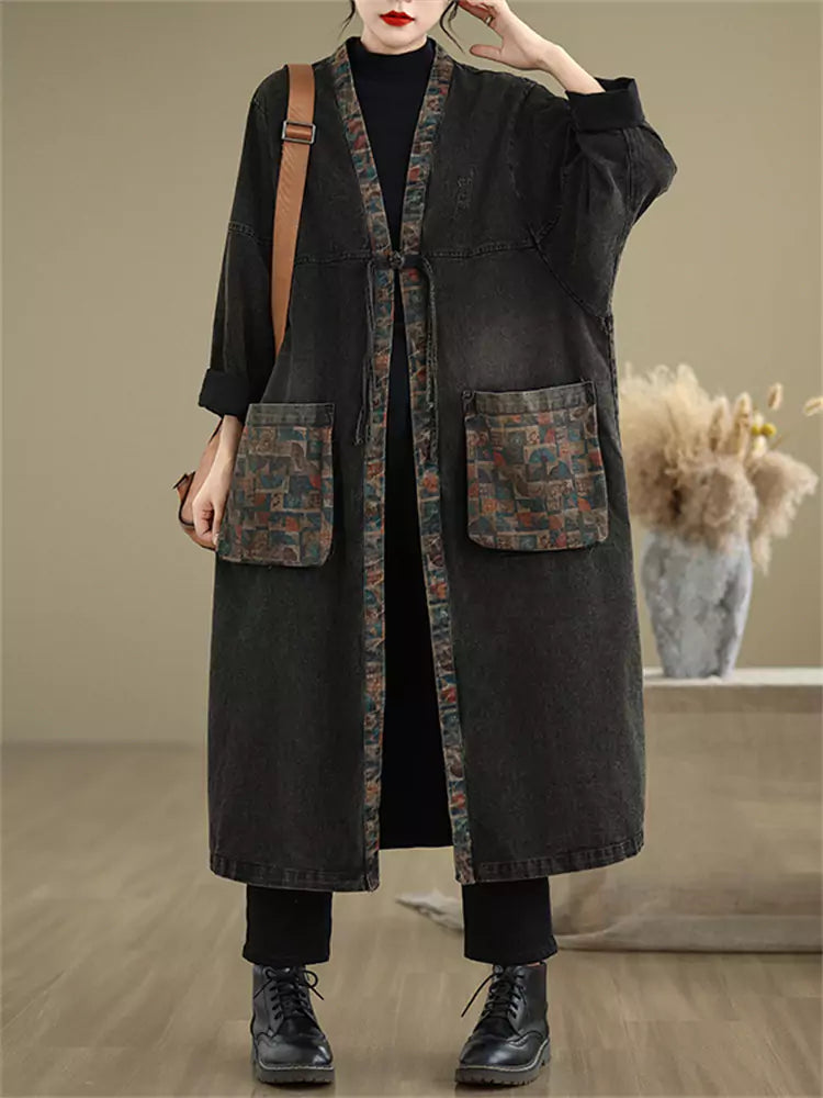 Women's Oversized Denim Coat with Floral Print and Large Pockets