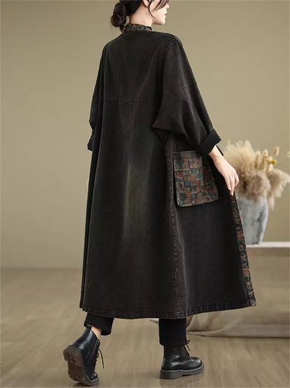Women's Oversized Denim Coat with Floral Print and Large Pockets