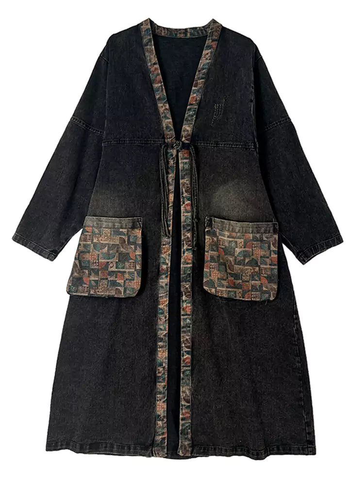Women's Oversized Denim Coat with Floral Print and Large Pockets