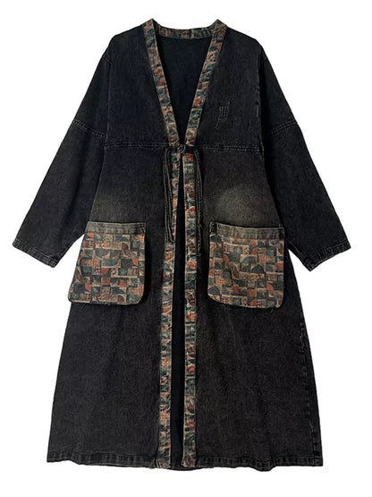 Women's Oversized Denim Coat with Floral Print and Large Pockets