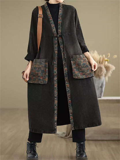 Women's Oversized Denim Coat with Floral Print and Large Pockets