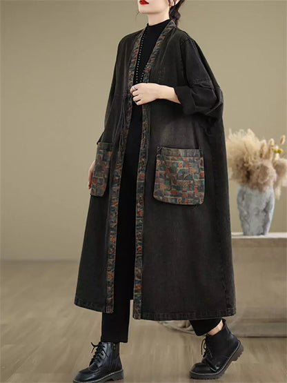 Women's Oversized Denim Coat with Floral Print and Large Pockets