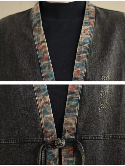 Women's Oversized Denim Coat with Floral Print and Large Pockets