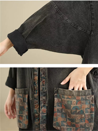 Women's Oversized Denim Coat with Floral Print and Large Pockets