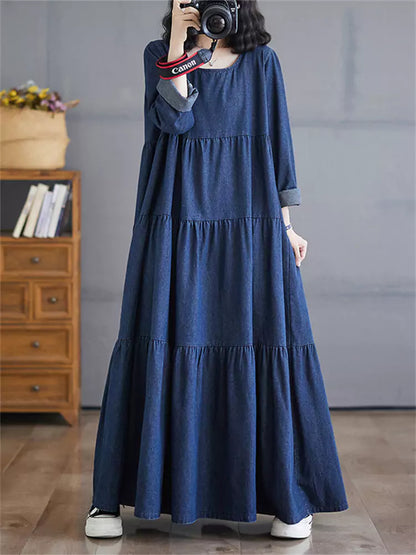 Denim Maxi Dress with Vintage French Style