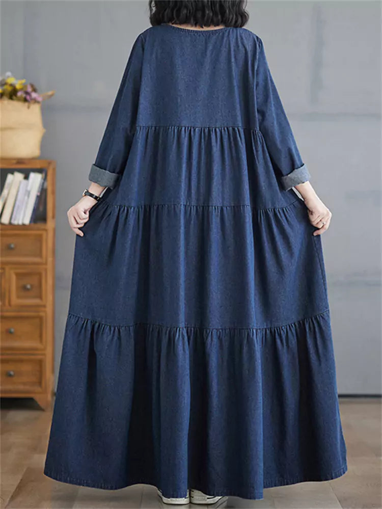 Denim Maxi Dress with Vintage French Style
