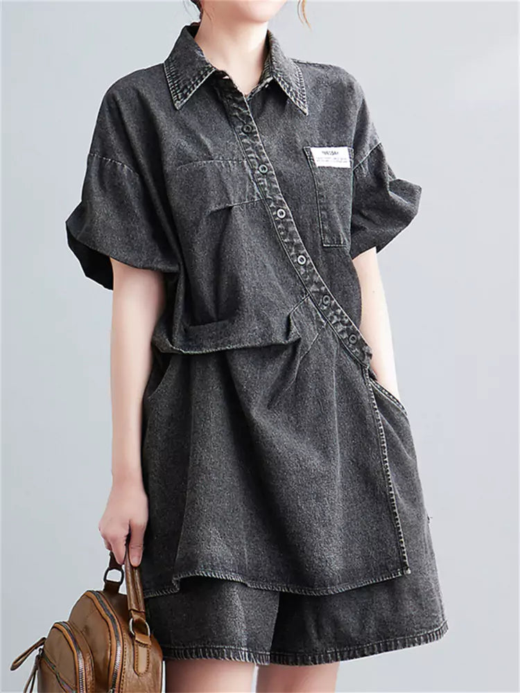 Blue Denim Two-Piece Set Loose Fit Wrinkled Shirt & Wide Leg Shorts