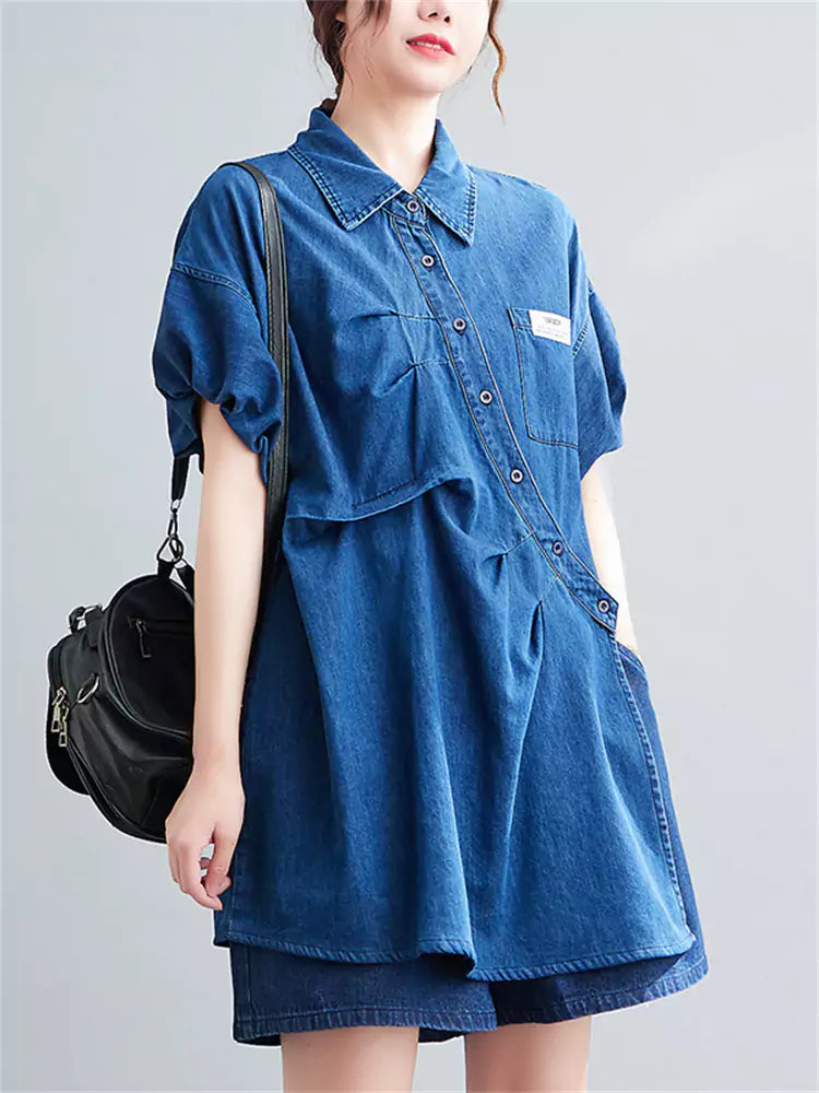 Blue Denim Two-Piece Set Loose Fit Wrinkled Shirt & Wide Leg Shorts