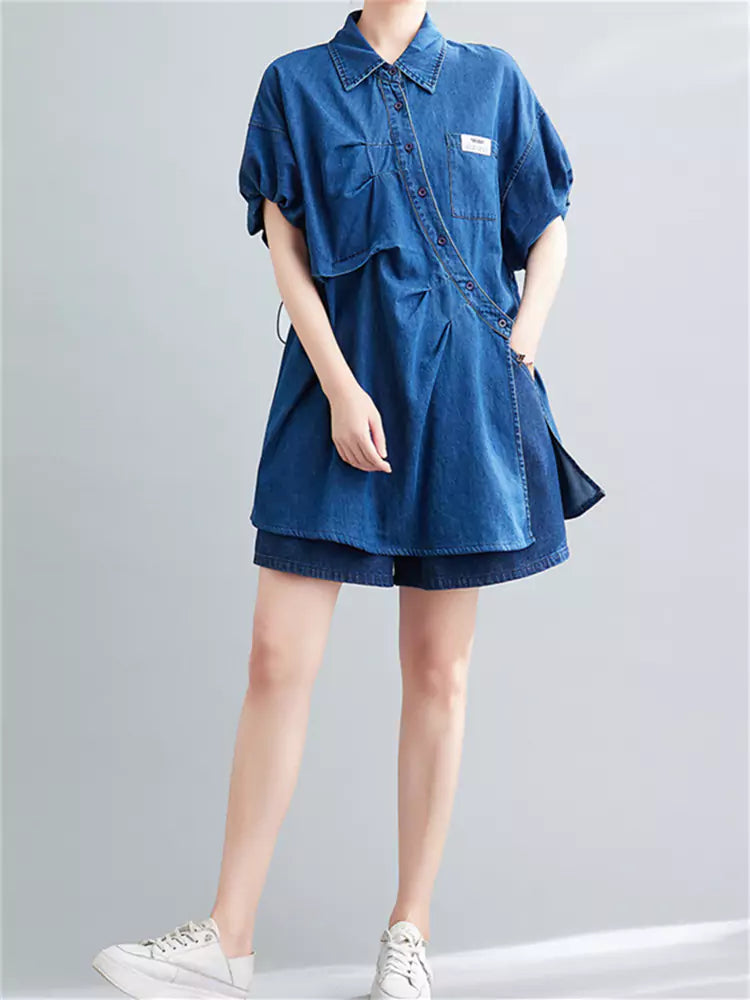Blue Denim Two-Piece Set Loose Fit Wrinkled Shirt & Wide Leg Shorts