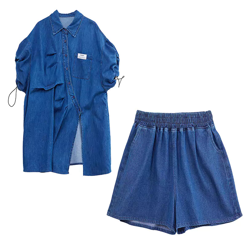 Blue Denim Two-Piece Set Loose Fit Wrinkled Shirt & Wide Leg Shorts