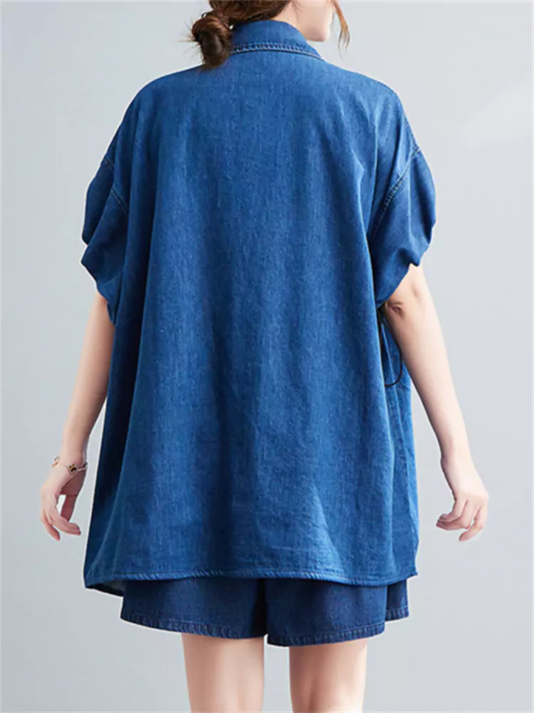 Blue Denim Two-Piece Set Loose Fit Wrinkled Shirt & Wide Leg Shorts