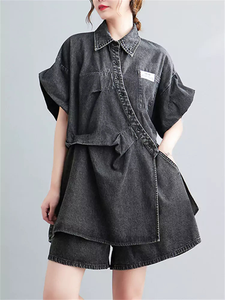 Blue Denim Two-Piece Set Loose Fit Wrinkled Shirt & Wide Leg Shorts