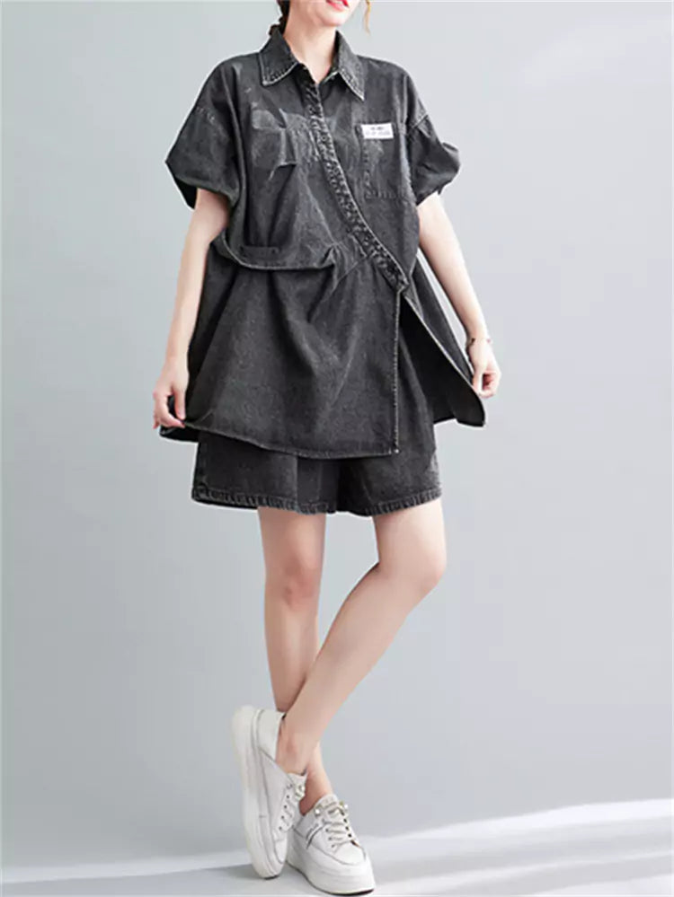 Blue Denim Two-Piece Set Loose Fit Wrinkled Shirt & Wide Leg Shorts